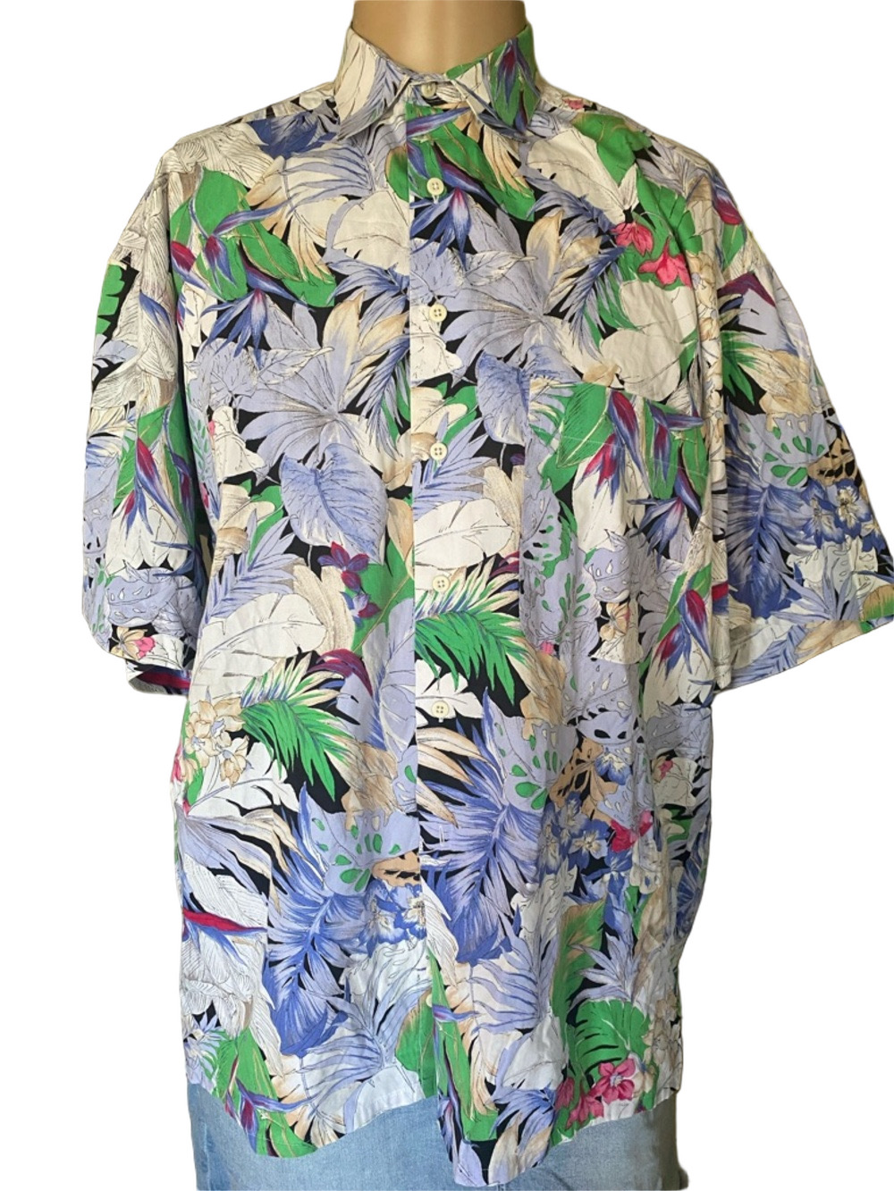 Jack Lipson Short-Sleeve Tropical Button-Down Shirt - Green, Blue & White.